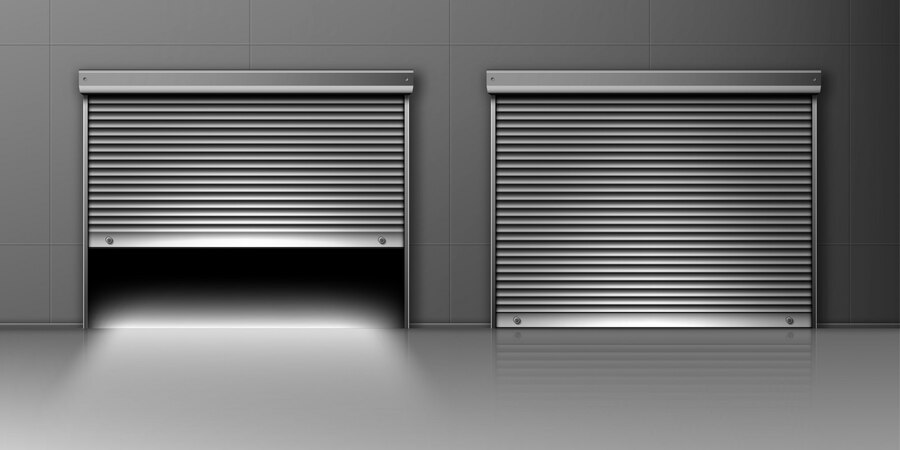 Illustrative image of two garage doors, with one door half open, revealing a spacious interior.