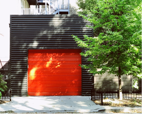 Red garage door.