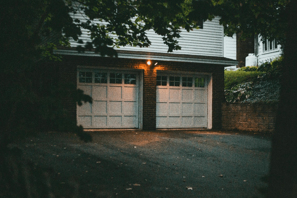 Custom white garage doors.